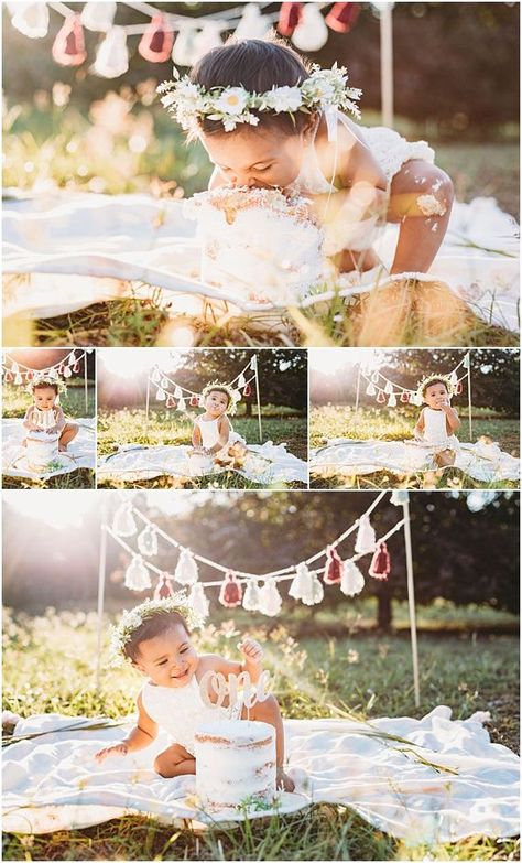 Picnic First Birthday Photoshoot, 1st Birthday Cake Smash Outdoors, Boho One Year Old Birthday Photos, Outdoor Boho Cake Smash, Smash Cake Birthday Pictures, Outdoor Cakesmash Shoot, Boho Birthday Pictures, Backyard Cake Smash, First Birthday Cake Smash Outdoor