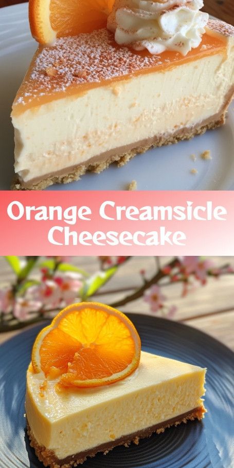 "Orange Creamsicle Cheesecake - Creamy Citrus Delight!" Indulge in the creamy, tangy goodness of this Orange Creamsicle Cheesecake that's bursting with fresh orange flavor and a hint of sweetness. Perfect for citrus lovers, this dessert is sure to be a hit at any gathering or special occasion. Try making this recipe and wow your friends and family with a dessert that's as beautiful as it is delicious! #OrangeCreamsicleCheesecake #CitrusDesserts #CheesecakeLove #CreamyDelight #DessertGoals Creamsicle Cheesecake Recipe, Orange Creamsicle Cheesecake Recipe, Orange Creamsicle Cheesecake, Creamsicle Cheesecake, Make Cheesecake, Citrus Desserts, Cheesecake Lovers, How To Make Cheesecake, Orange Creamsicle