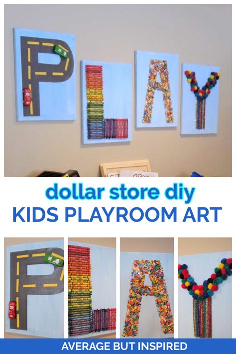 If you need to fill a blank wall in your kids' playroom, try this! Use supplies from the dollar store to create this DIY kids playroom art. It's colorful and cute! #playroomart #diyart #artforkids Boys Playroom Wall Art, Playroom Wall Pictures, Diy Playroom Decor The Wall, Diy Playroom Wall Art, Playroom Wall Art Diy, Dollar Tree Playroom Ideas, Diy Playroom Art, Kids Art Corner Ideas, Low Budget Playroom