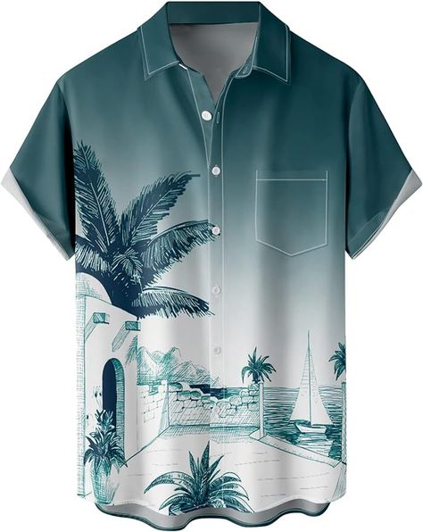 Hawaiian Shirts for Men Loose Short Sleeve Mens Beach Shirts Resort Casual Shirts Aloha Beaches Shirt, Mens Beach Shirts, Resort Casual, Resort Look, Oversized Tops, Casual Dating, Graphic Print Shirt, Travel Tees, Tropical Shirts