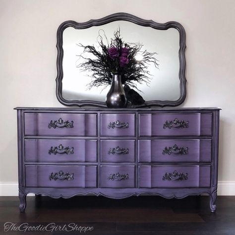 Occult Bedroom, Dresser Colors, Purple Dresser, Purple Paint Colors, Purple Furniture, Provincial Dresser, French Provincial Dresser, Provincial Furniture, Blue Gray Paint