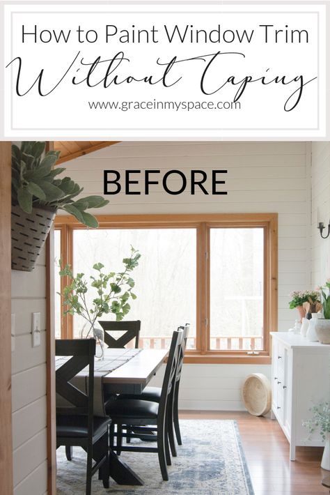 Painting windows and french doors without tape saves time and money. Follow this easy video tutorial for how to paint window trim without tape. #fromhousetohaven #paintedtrim #diypainttips How To Paint Trim Around Windows, White Windows Wood Trim Interior, Repainting Window Trim, Scandinavian Window Trim, Oak Trim Windows, Painted Interior Window Frames, Window Trim Color Ideas Interior, Stained Wood Window Trim, How To Paint Window Trim