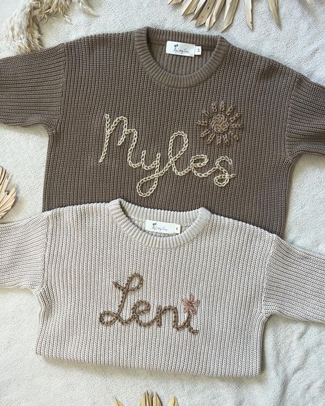 Love the neutral colours 🫶🏼 Leni and Miles will be the cutest duo in town, they will look adorable in their personalized sweaters🌸☀️ Message me if you wanna order or if you have any questions 🫶🏼 Myles - coffee, 3T Leni -beige, 2T #siblingoutfits #personalizedknits #customsweaters #customgifts #siblinglove #smallbusiness #smallbusinesssupport #specialbirthdaygift #namegifts Embroidery Yarn, Personalized Sweater, Sibling Outfits, Custom Sweaters, Special Birthday Gifts, Neutral Colours, Yarn Projects, Name Gifts, Message Me