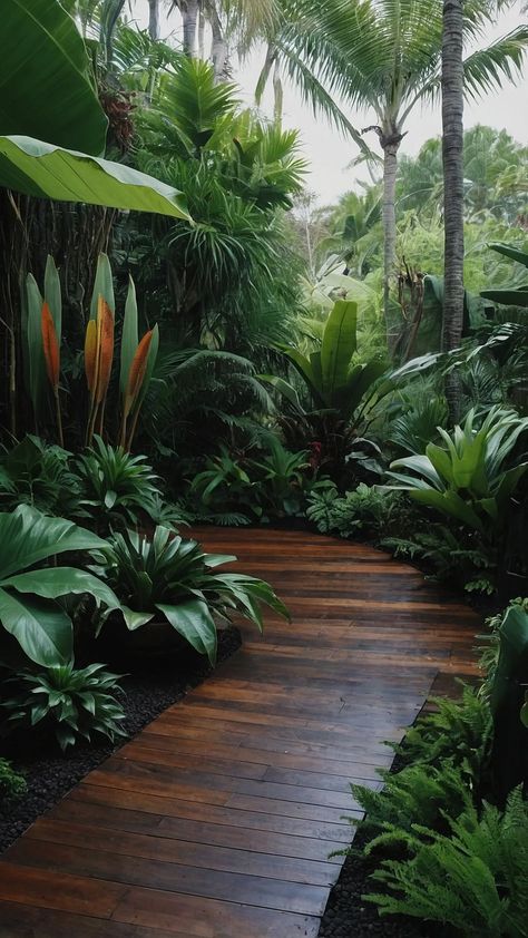 Easy DIY Frontyard Tropical Garden Ideas for UK Homeowners - Fads Backyard Tropical Garden, Tropical Villas Design, Front Yard Oasis Ideas, Small Tropical House Interior, Tropical Garden With Pool, Tropical Indoor Garden, Queensland Garden Ideas, Landscape Projects Architecture, Tropical Atrium