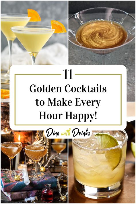 Collage of 4 golden cocktails. Gold Shots Alcohol, Gold Alcoholic Drinks For A Party, Golden Birthday Drinks, Golden Alcoholic Drinks, Golden Bachelor Watch Party Food, Anniversary Drinks Cocktails, Golden Drinks Alcohol, 50th Anniversary Signature Drink, Golden Food Party