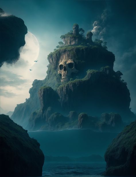 Skull Island Art, Scary Island, Scary Ocean, Monster Island, Monster Ghost, Terror Art, Escaping Reality, Large Landscape Painting, Book Vibes