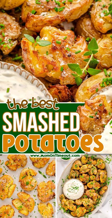 These crispy Smashed Potatoes are golden on the outside, tender and fluffy on the inside and are the perfect side dish for dinner tonight! This easy delicious smashed potatoes recipe also makes a great sharing appetizer as well as a versatile side dish for a festive main meal. Sure to be a hit with friends and family! | MomOnTimeout.com Grilling Recipes Potatoes, Holiday Potatoes Recipes, Potato Recipes Easy Quick, Potato Dishes Dinner, Petite Potatoes Recipes, Potato Side Dishes Easy Quick, Easy Potato Side Dishes, Baked Smashed Potatoes, Sides For Steak