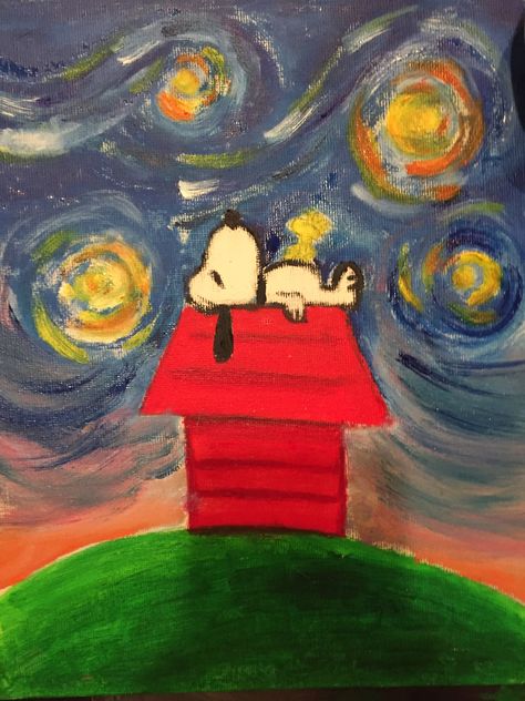 Oil Pastel Canvas Art, Snoopy Parking Spot Painting, Painting Ideas Music, Pintar Aesthetic, Snoopy Starry Night, Snoopy Canvas Painting, Snoopy Paintings On Canvas, Snoopy Sketch Art, Easy Snoopy Paintings