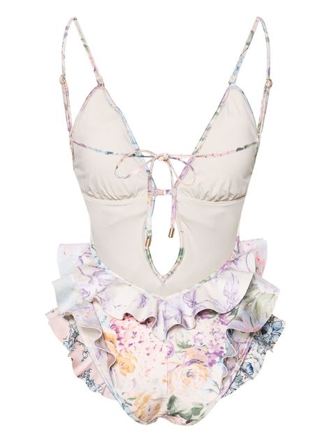 Find ZIMMERMANN Floral Print One Piece Swimsuit on Editorialist. beige/multicolour stretch-design all-over floral print ruffled detailing removable pads plunge style adjustable spaghetti straps rear tie fastening open back full lining Be mindful to try on swimwear over your own garments. This piece fits true to size. We recommend you get your regular size Model is 1,75m / 5ft 8in wearing size 1 (NUM) Cute Beach Outfits, Sea Clothes, Floral One Piece, Be Mindful, Lovely Tops, Pink Swimsuit, Blue Swimsuit, Marc Jacobs Bag, Women's Shapewear