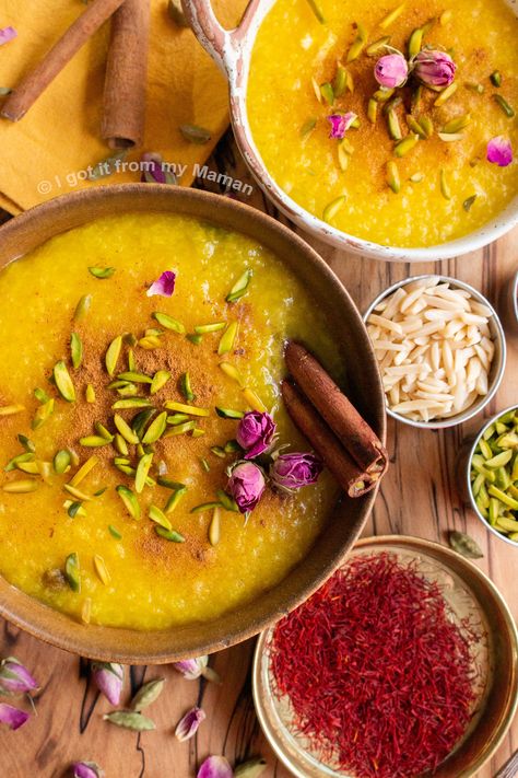 Shole Zard Recipe - Persian Saffron Rice Pudding Persian Rice Pudding, Iranian Food Vegetarian, Easy Persian Desserts, Saffron Rice Pudding, Authentic Persian Recipes, Persian Sandwich, Persian Food Traditional, Persian Soup, Persian Breakfast