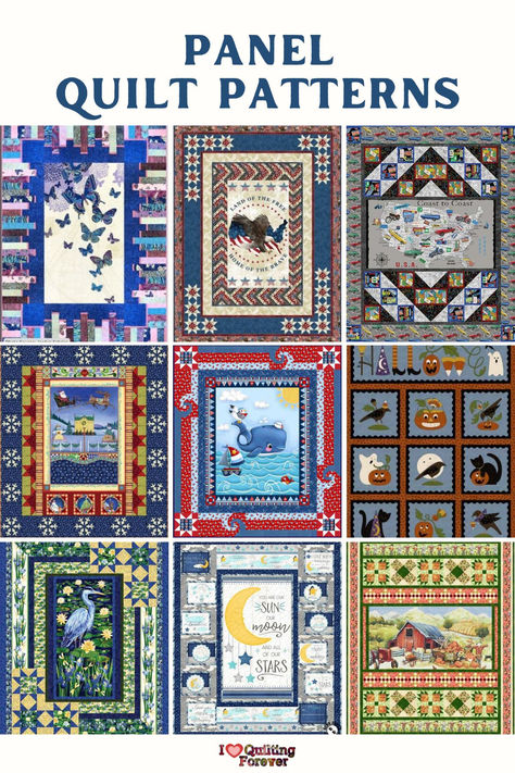 Top 20 Free Panel Quilt Patterns (+9 Bonus Patterns For Sale) Baby Quilt Panels, Japanese Quilt Patterns, Strip Quilt Patterns, Panel Quilt Patterns, Fabric Panel Quilts, Quilting Designs Patterns, Japanese Quilts, Patriotic Quilts, Beginner Quilt Patterns