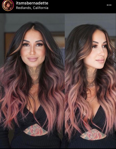 Rose Gold Dark Roots, Dark Brown And Rose Gold Hair, Year Round Hair Color, Dark Hair With Pastel Pink Highlights, Brown Hair With Pink And Purple Highlights, Dark Brown Rose Gold Hair, Dusty Rose Highlights Brunette, Pink Extensions Hair Brunette, Funky Balayage Hair