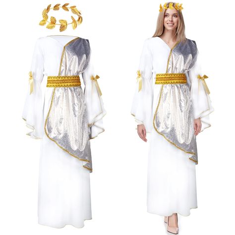 PRICES MAY VARY. Women's Toga Costume Accessories Set: Package includes 1 piece of Greek costume with roman laurel head wreath; The dress matched Greek accessories will make you look elegant and generous, different from others and easy to captivate people's attention; You will get a lot of praise and compliments in the Carnival Greek or Roman queen role playing game and party Quality Material: Roman Grecian costume dress costume is made of quality polyester fiber, soft and comfortable, lightweig Greek Costume Girl, Roman Crown, Greek Toga, Greek Accessories, Greek Dress, Toga Costume, Roman Costume, Greek Costume, Leaf Headpiece