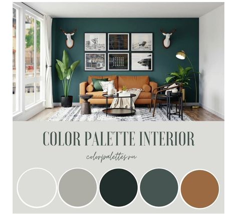 Green Accent Wall Color Scheme, Orange Green Gray Living Room, Emerald Green Accent Colors, Green Sofa Brown Wall, Green Couch With Accent Wall, Dark Green Wall Color Palette, Brown Couch Living Room Color Schemes, Dark Green Living Room Ideas Accent Wall, Emerald Green Brown And Gold Living Room