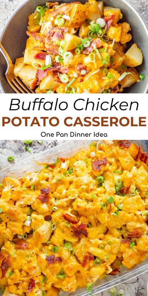 Craving comfort food with a kick? Try buffalo chicken potato casserole—a fusion of buffalo wing excitement and loaded baked potato goodness. This one-pan wonder features cheesy potatoes, spicy cauliflower, and succulent chicken—a guaranteed hit for your taste buds. Buffalo Chicken Potato, Casserole Dish Recipes, Chicken And Potato Casserole, Casserole With Potatoes, Chicken Potato Casserole, Buffalo Ranch Chicken, Chicken And Potato, Buffalo Chicken Casserole, Bacon Cauliflower