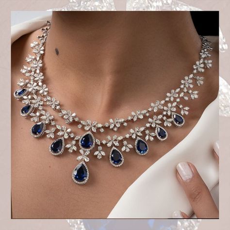 Bridal Diamond Necklace Design, Exquisite Diamond Necklace, Blue Diamond Necklace, Beautiful Diamond Necklace, Blue Stones Jewelry, Bridal Diamond Necklace, Diamond Pendants Designs, Diamond Wedding Jewelry, Blue Sapphire Necklace