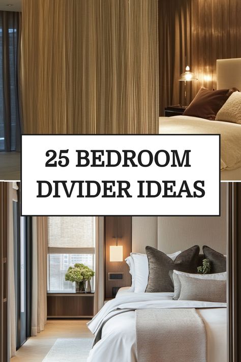 25 bedroom divider ideas overlaid on images of stylish, cozy bedroom designs separated by dividers. Room Divider Wardrobe Ideas, Curtain Wall Divider Bedroom, Room Divider As Bed Headboard, Bedroom Seperation Ideas Curtains, Curtains From Ceiling Room Dividers, Bedroom Living Room Separation, Fake Walls Room Dividers Bedrooms, Partition Bedroom Ideas, Studio Wall Divider Ideas