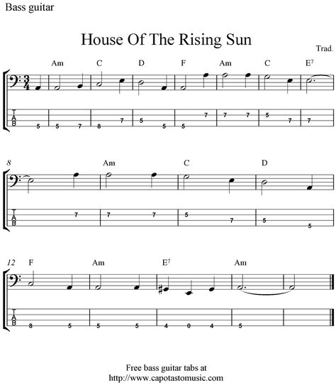 Free Beginner Guitar Sheet Music | Free bass tab sheet music, House Of The Rising Sun Bass Guitar Chords Songs, Bass Guitar Music, Mandolin Tabs Sheet Music, Bass Guitar Tabs Beginner, Easy Bass Tabs Songs, Bass Tabs Beginner, Bass Tabs Songs, Guitar Music Sheets, Ukulele Fingerpicking Songs