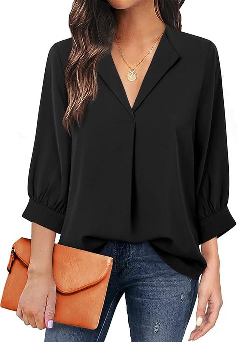 ♥️Suitable Occasion: The flowy shirts with three-quarter sleeve is suit for casual,work,office,home,shopping,daily life.Easy to pair with your skinny jeans or leggings in any colors, Look greats with jeans, shorts, work pants, capris, slacks, Bell bottoms.perfect for adding a pop of color to you outfits. The lapel v neck tops will be the pefect wear with in four seasons Lace Designs On Suits, Flowy Shirts, Winter Blouses, Chiffon Tops Blouses, Tops For Women Casual, Dressy Shirts, Womens Tops Dressy, Lace Designs, Business Tops