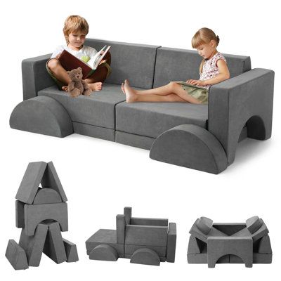 VERSATILE 8-PIECE SET: This children's sofa set (60.2“25.6”20.9”) includes 2 basic seat cushion parts, 2 armrest parts, 2 trapezoidal pillows, and 2 semicircle seat cushion parts, offering endless combinations. Apart from being a sofa, your child can unleash their imagination and easily transform it into a playroom, rocket ship, fort, tunnel, bed, 2 chairs, and more. PROMOTES CHILDREN'S WELL-BEING: The modular furniture is crafted with soft and comfortable sponge foam blocks and flannel, utilizi Ninja Room, House Playroom, Nugget Ideas, Toddler Couch, Play Sofa, Fold Out Couch, Kids Couch, Play Couch, Round Seat Cushions