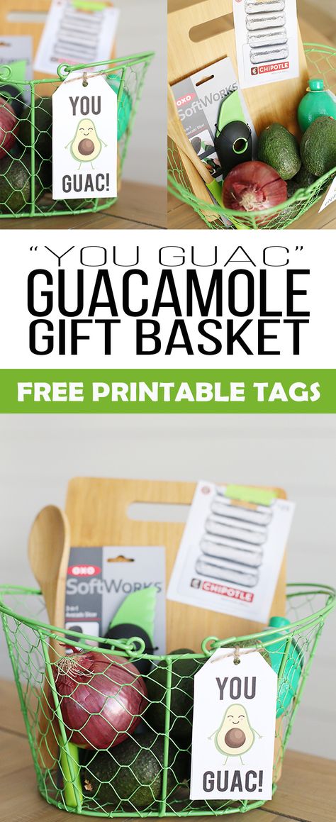 Need an easy and unique gift idea for a teacher, neighbor or friend? Make a guacamole gift basket using these free "You Guac" or "You Rock" gift tags. #giftbasket Chipotle Gift Card, Summer Gift Baskets, Monster Jam Party, Teacher Gift Baskets, Wedding Welcome Gifts, Teacher Appreciation Gifts Diy, Free Printable Tags, Rock Gifts, Themed Gift Baskets