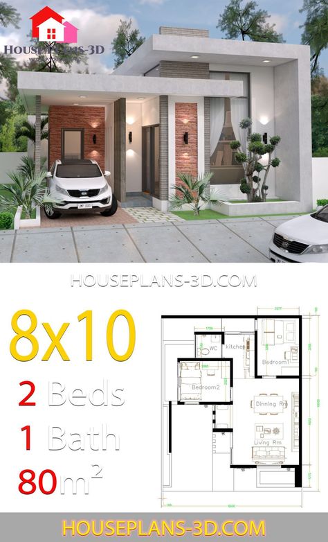 Modern House Plans 3d House Design 10x12 With 3 Bedrooms Terrace Roof In 2020 Flat Roof House Plans, House Plans 3d, Terrace Roof, 3d House Design, Flat Roof House, Pelan Rumah, Little House Plans, Roof House, Modern Small House Design