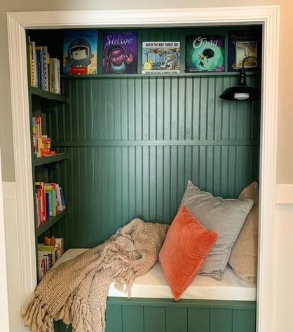 Knee Wall Reading Nook, Reading Nook In Cupboard, Recessed Reading Nook, Closet Transformed Into A Book Nook, Reading Nook Bench Diy, Reading Nook Cushion Bench Seat, Airing Cupboard Reading Nook, Closet Turned Book Nook, Closet Turned Library