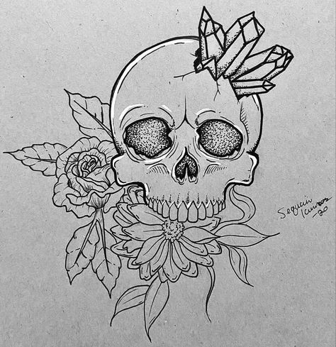 Skull And Crystals Drawing, Skull With Crystals Drawing, Skull With Crystals Tattoo, Easy Skull Tattoos, Crystal Skull Tattoo, Skull Outline Drawing, Reaper Artwork, Vibe Tattoos, Skull Drawing Tattoo