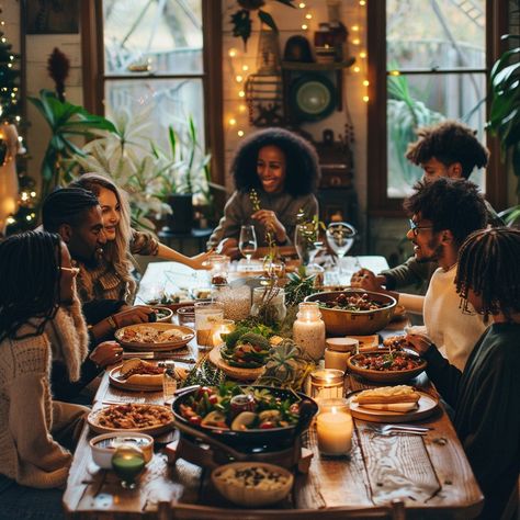 Family Dinner Gathering: A joyful family gathering around a bountiful dinner table filled with love, laughter, and food. #family #dinner #gathering #joy #laughter #aiart #aiphoto #stockcake ⬇️ Download and 📝 Prompt 👉 https://ayr.app/l/Cib3 Bible Study Dinner Party, Dinner With Friends Photography, Social Gathering Aesthetic, Family Meal Aesthetic, People Cooking Together, Family Dinner Photography, Black Family Gathering, Black Family Dinner, Dinner Table With Food