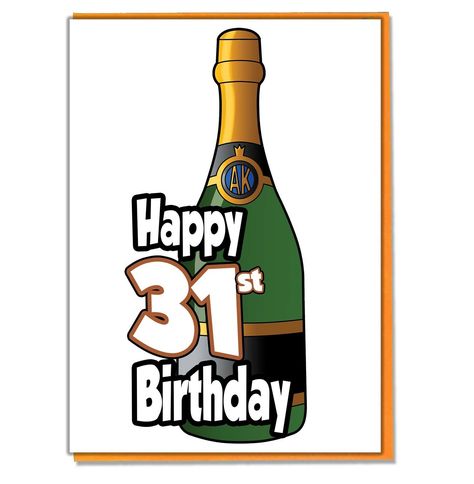 Happy 31st Birthday - Champagne Bottle Themed Greeting Card Digitally Printed on premium quality 300gsm silk card Blank inside for your own personal message Individually sealed, complete with a coloured envelope A5 Card - Size 210mm x 148.5mm Product description Premium quality greeting card designed and manufactured by AK Gifts. Individually printed on 300gsm silk card, complete with a coloured envelope and sealed in a cello sleeve. Our cards are left blank inside for you to write your own pers Happy 91st Birthday, Happy 73rd Birthday, Happy 66th Birthday, Happy 61 Birthday, Happy 76th Birthday, Happy 59th Birthday, Happy 69th Birthday, Happy 41st Birthday, Happy 55th Birthday