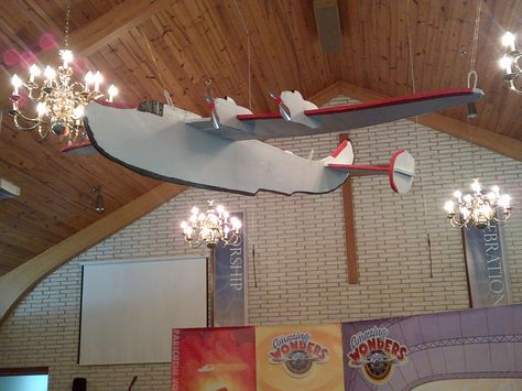 Our Worship Rally Hangar at Amazing Wonders of Aviation VBS Airport Theme, Balsa Plane, Around The World Theme, Sunday School Decorations, Aviation Theme, Cardboard Model, Airplane Theme, Vbs 2023, Library Inspiration