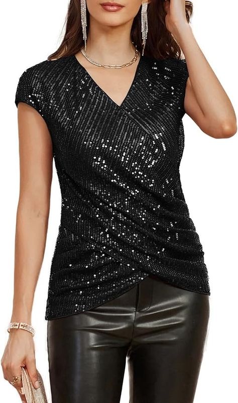 Womens Sparkle Sequin Top Shimmer Glitter Blouse Twist Front V Neck Cap Sleeve Club Cocktail Party Shirt Purple M at Amazon Women’s Clothing store Metallic Clothing, Sparkly Sequin Top, Front Twist Top, Glitter Blouse, Black Sequin Top, Best Blazer, Summer Things, Sparkly Top, Twist Front Top