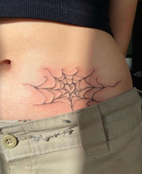 Spider Web Star Tattoo, Spider Web Tattoo Belly Button, Spider Web Tattoo Design Ideas, Spider On A Web Tattoo, Unique Spider Web Tattoo, Heart Tattoo Grunge, Alt Heart Tattoo, Spider Web Tattoo Stomach, Aesthetic Spider Tattoo