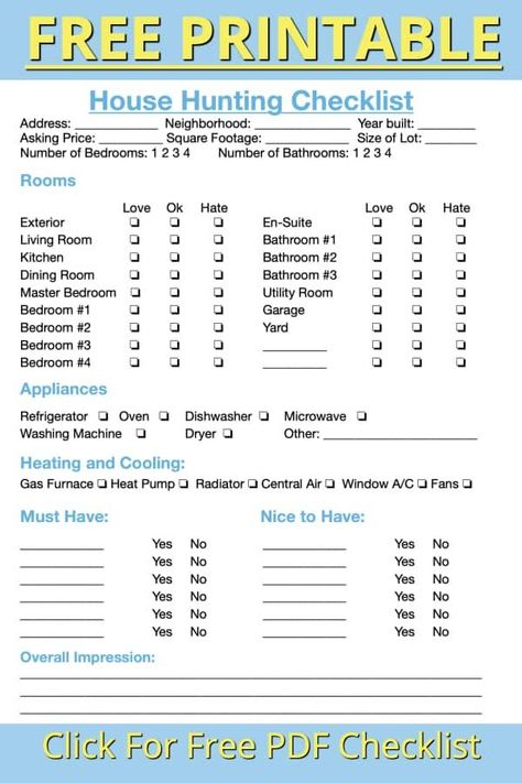 Buying A House Checklist, Hunting Checklist, House Hunting Checklist, Buying First Home, House Checklist, Starter House, New Home Checklist, Looking For Houses, New Home Buyer