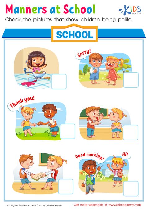 Look through the pictures in the worksheet and check the pictures of the children that are being polite. Explain to your child how being polite makes them better members of society. Polite Words Worksheet, Good Manners Worksheets For Kids, Respect Pictures Kids, Good Manners For Kids, Seasons Kindergarten, English Beginner, Animale Marine, Common Courtesy, Manners For Kids