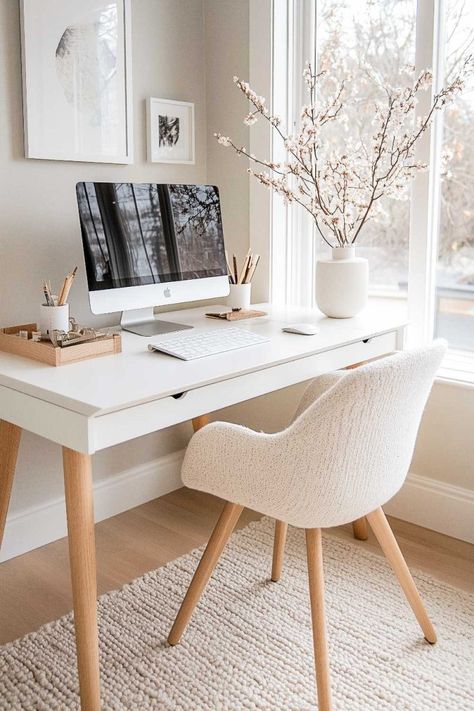 Minimalist Dream_home_office_decor (17) Minimalistic Room Inspiration, Office Decor White Desk, Hidden Office Desk, Minimal Work Desk, Minimalist Desk Ideas, Aesthetic Office Space, Minimalist Study Desk, Minimalist Home Office Ideas, Small Office Space At Work