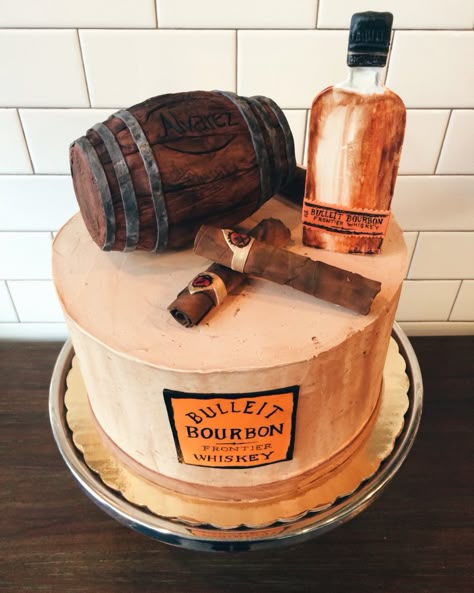 Bourbon and cigar themed groom's cake by Nutmeg Cake Design, Philadelphia, PA Bourbon And Cigars Cake, Whiskey Barrel Grooms Cake, Cigars Birthday Cake, Bourbon Theme Birthday Cake, Whiskey Grooms Cake, Grooms Cake Whiskey, Bourbon Cake Ideas, Speakeasy Cake Ideas, Bourbon Cakes For Men