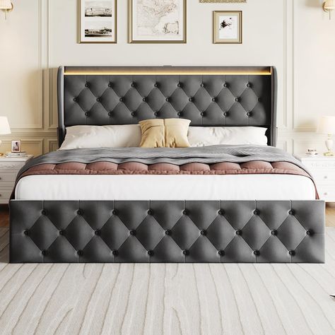 PRICES MAY VARY. 50.9" Button Tufted Bed Frame: Elevate your bedroom decor with our grand tall headboard king bed frame, featuring an elegant tall wingback headboard and a button-tufted footboard that steals the spotlight and adds a touch of glamour to any space. Velvet Upholstered Bed Frame: Upholstered in beautiful velvet with generous sponge padding, this luxury bed frame ensures you are comfortably supported while lounging or sleeping, making it the perfect centerpiece for relaxation. Bed Fr Tall Platform Bed, Bed Frame Velvet, Button Tufted Bed, Tufted Bed Frame, Future Bedroom, Velvet Upholstered Bed, Queen Size Platform Bed, Tall Headboard, Tufted Bed