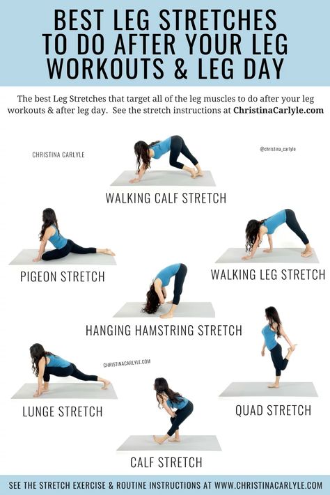 The 13 best leg stretches to do after leg workouts and leg day that target all of the leg muscles including inner and outer thigh stretches. Best Stretches For Leg Day, Full Leg Stretches, Stretches For Outer Thigh, Upper Leg Stretches, Leg Muscles Exercise, Cool Down Leg Stretches, Lower Leg Stretches, End Of Workout Stretches, Stretches For Inflexible People