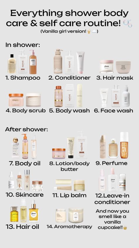 #vanilla #vanillagirl #vanillagirlaesthetic #everythingshower #shower #showerroutine #selfcare #selfcareroutine #fyp #skincare Clean Girl Shower Products, Shower Products List, Shower And Skincare Routine, Glow Up Shower Routine, All Shower Routine, Everything Shower Routine In Order, Aesthetic Self Care Products, Proper Shower Routine, Skincare Essentials List