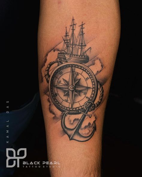 Boat And Compass Tattoo, Captain Wheel Tattoo, Compus Tattoos Men, Tug Boat Tattoo, Nautical Theme Tattoo, Galleon Tattoo, Pirate Boat Tattoo, Captain Tattoo, Big Tattoo Ideas