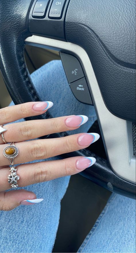 French Tip Nails With Two Colors, Perrywinkle Nails Almond, Italy Inspo Nails, Underlined French Tip Nails, Cute Nails For Europe, Mail Inspo Acrylics, Italy Acrylic Nails, White French Tip With Color Line, Spring Transition Nails