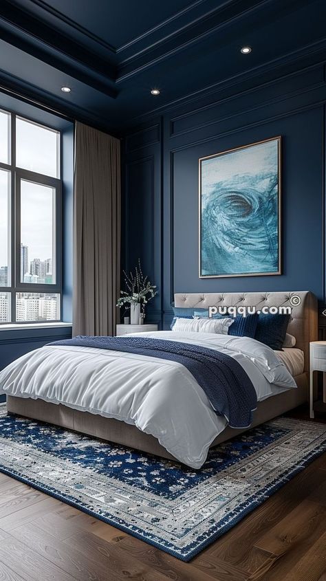 Bedroom Ideas, Dark Blue, Navy Blue, Navy, Bedroom, Bed, Grey, Wall, Blue