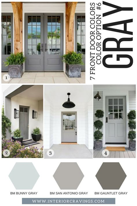 7 FRONT DOOR COLORS - gray front doors inspiration and gray paint codes and paint swatches Gray Front Door Colors, Grey Front Door, Best Front Door Colors, Grey Front Doors, Front Door Color, Exterior Door Colors, Tan House, Cottage Front Doors, Front Door Inspiration