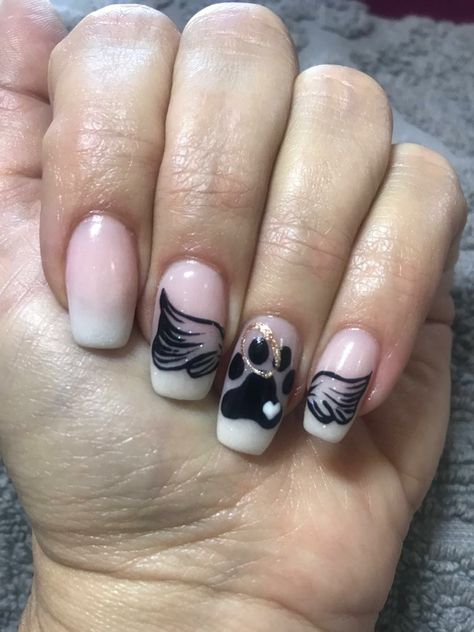 Acrylic Ombre with Hand Painted Paw and Angel Wings. Dog Paw Nails Design, Angel Wing Nails Acrylic, Dog Memorial Nails, Angel Wings Nails Designs, Angel Wing Nail Art, Nails With Dog Paws, Paw Nails Designs, Angel Wing Nail Design, Nails With Angel Wings