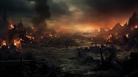 The image shows a ruined city. The buildings are all destroyed and there are fires burning everywhere ->> more details in ai-img-gen.com Destroyed City Fantasy Art, Destroyed City Aesthetic, Fantasy City Ruins, Environmental Reference, Destroyed City, Burning Building, Burning City, Oc Aesthetic, Ruined City