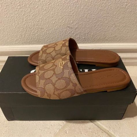 Brand New Coach Sandals. Comes With Box Price Includes Shipping Box. Trendy Shoes For Women Sandals, Guess Slides, Aesthetic Sandals, Cute Slides For Women, Coach Slides, Brown Slides, Coach Heels, Coach Sandals, Pretty Sneakers