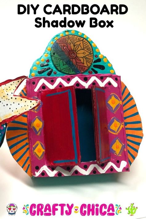 Cardboard Crafts: DIY Shadow Box - The Crafty Chica! Crafts, Latinx art, creative motivation Things To Make With Cardboard, 2nd Grade Crafts, Shrines Box, Shrines Art, Girls Dollhouse, Cardboard Crafts Diy, Diy Shadow Box, Cardboard Sculpture, Cardboard Jewelry Boxes