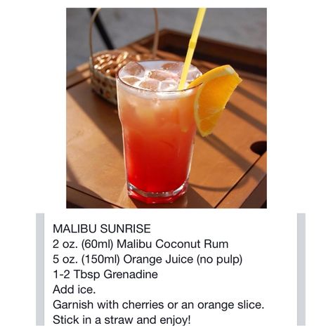 Malibu Sunrise Recipe, Malibu Sunrise Cocktail, Bacon Pork Chops, Sunrise Drink, Malibu Sunrise, Paradise Cocktail, Malibu Cocktails, New Year's Drinks, Bartending Tips