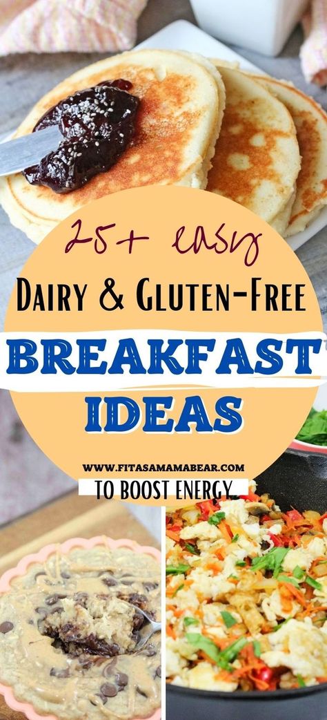 Four images of high protein breakfast ideas with text in the middle of them. Dairy Free Gluten Free Breakfast, Gluten Free Breakfast Ideas, Nut Free Breakfast, Gluten Free Dairy Free Breakfast, Dairy Free Breakfast Recipes, Gf Breakfast, Breakfast Low Carb, Gluten Free Breakfast, Dairy Free Breakfasts